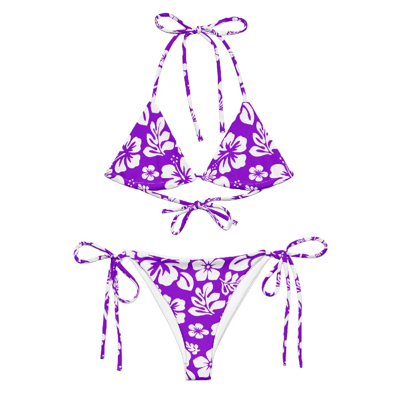 White Hawaiian Flowers on Purple String Bikini Reversible bikini, Two looks, Trendy, Comfortable White Hawaiian Flowers on Purple String Bikini Reversible bikini, Two looks, Trendy, Comfortable