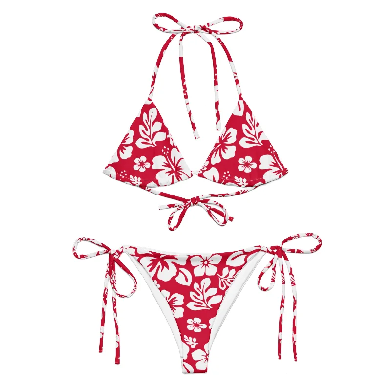 White Hawaiian Flowers on Red String Bikini Retro bikini set, Vintage, Sexy, Comfortable White Hawaiian Flowers on Red String Bikini Retro bikini set, Vintage, Sexy, Comfortable