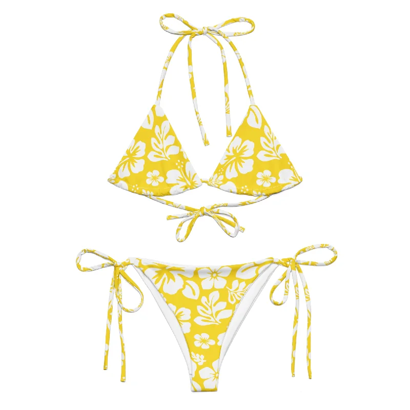 White Hawaiian Flowers on Yellow String Bikini Plunging neckline bikini, Sexy, Fashionable, Trendy White Hawaiian Flowers on Yellow String Bikini Plunging neckline bikini, Sexy, Fashionable, Trendy