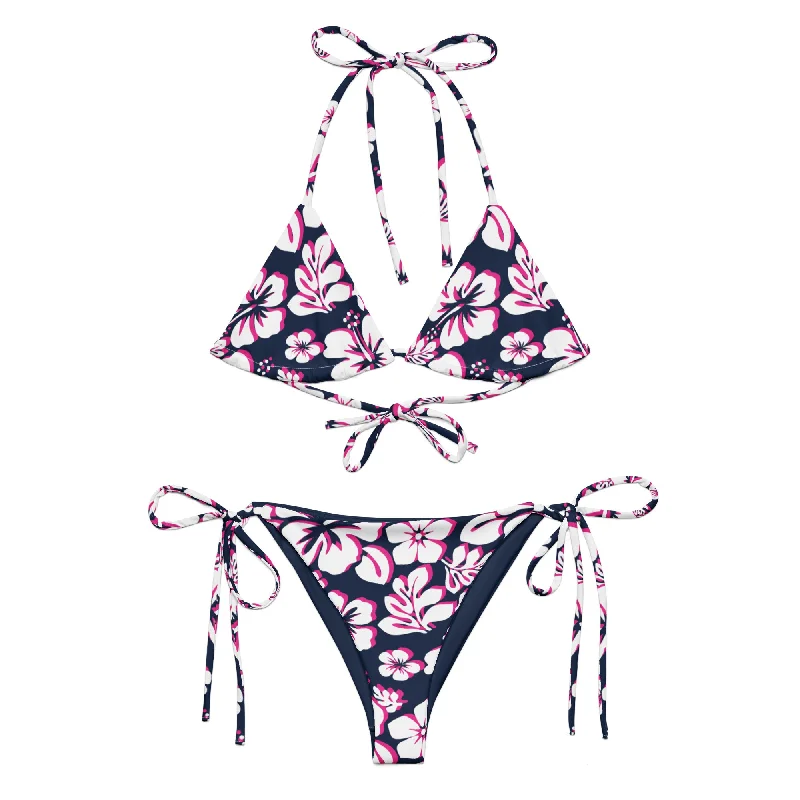 White, Hot Pink and Navy Blue Hawaiian Flowers String Bikini Sleeveless bikini, Chic, Sexy, Comfortable