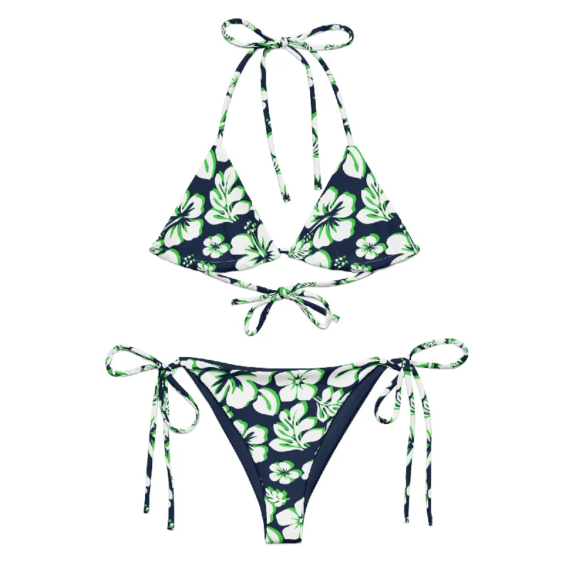 White, Lime Green and Navy Blue Hawaiian Flowers String Bikini Sporty bikini top, Comfortable, Athletic, Trendy White, Lime Green and Navy Blue Hawaiian Flowers String Bikini Sporty bikini top, Comfortable, Athletic, Trendy