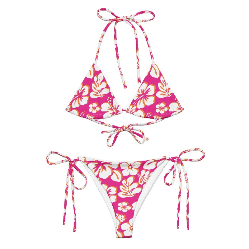 White, Orange and Hot Pink Hawaiian Flowers String Bikini Skirted bottom bikini, Feminine, Comfortable, Stylish White, Orange and Hot Pink Hawaiian Flowers String Bikini Skirted bottom bikini, Feminine, Comfortable, Stylish