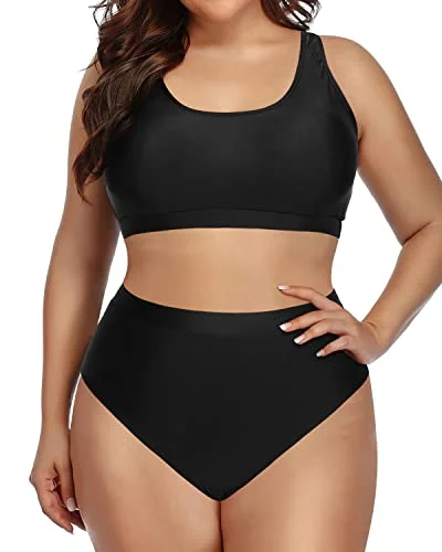 Sporty Scoop Neck Bikini Set High Waist Bottoms For Plus Size Women-Black Skirted bikini, Feminine, Trendy, Comfortable Sporty Scoop Neck Bikini Set High Waist Bottoms For Plus Size Women-Black Skirted bikini, Feminine, Trendy, Comfortable