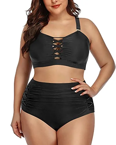 Ruched High Waisted Two Piece Bikini Set For Plus Size Women-Black Banded bikini top, Sleek, Trendy, Comfortable Ruched High Waisted Two Piece Bikini Set For Plus Size Women-Black Banded bikini top, Sleek, Trendy, Comfortable