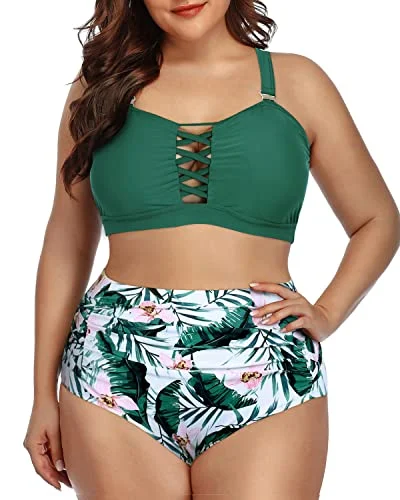 Plus Size Lace Up Bikini High Waisted Ruched Bottom-Green Tropical Floral Tie-dye bikini, Fun, Trendy, Stylish