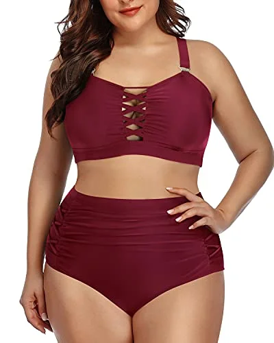 Adjustable Criss Cross Ruched Bikini For Plus Size Ladies-Maroon Strapless bikini, Sexy, Chic, Comfortable Adjustable Criss Cross Ruched Bikini For Plus Size Ladies-Maroon Strapless bikini, Sexy, Chic, Comfortable