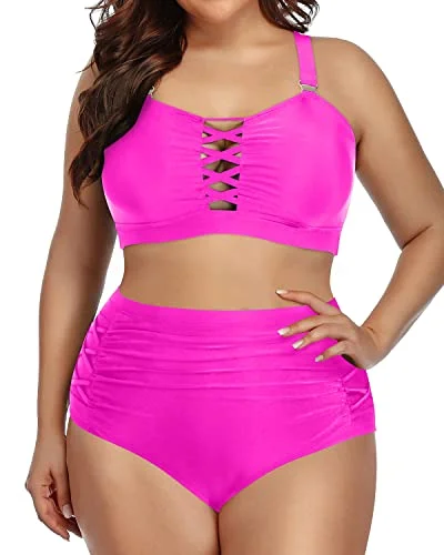 Tummy Control High Waisted Plus Size Bikini Set For Women-Neon Pink Bikini with chain, Glamorous, Trendy, Sexy Tummy Control High Waisted Plus Size Bikini Set For Women-Neon Pink Bikini with chain, Glamorous, Trendy, Sexy