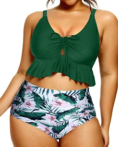 Adjustable Drawstring Two Piece Bikini For Curvy Women-Green Tropical Floral Triangle bikini, Simple, Chic, Comfortable Adjustable Drawstring Two Piece Bikini For Curvy Women-Green Tropical Floral Triangle bikini, Simple, Chic, Comfortable