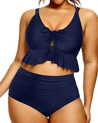 Two Piece Retro Plus Size Flounce High Waisted Bikini Set-Navy Blue Bikini with mesh sides, Sexy, Trendy, Chic Two Piece Retro Plus Size Flounce High Waisted Bikini Set-Navy Blue Bikini with mesh sides, Sexy, Trendy, Chic