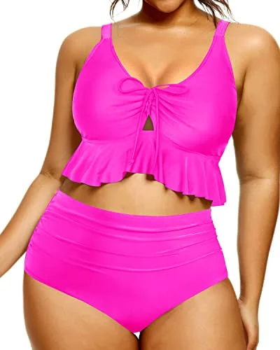 Ruffle Flounce High Waisted Bikini Set For Curvy Women-Neon Pink Bikini with fringe details, Trendy, Fun, Sexy Ruffle Flounce High Waisted Bikini Set For Curvy Women-Neon Pink Bikini with fringe details, Trendy, Fun, Sexy