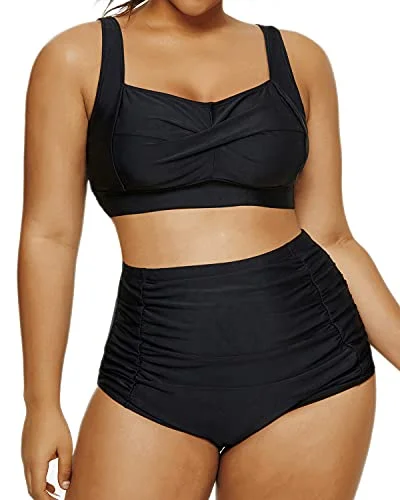 Plus Size Twist Front Bikini Set Tummy Control High Waisted Bottoms-Black Minimalist bikini, Simple, Sleek, Fashionable Plus Size Twist Front Bikini Set Tummy Control High Waisted Bottoms-Black Minimalist bikini, Simple, Sleek, Fashionable