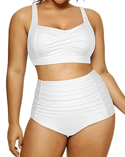 Plus Size High Waisted Bikini Adjustable Straps For Curvy Women-White Bikini with lace-up front, Sexy, Trendy, Comfortable Plus Size High Waisted Bikini Adjustable Straps For Curvy Women-White Bikini with lace-up front, Sexy, Trendy, Comfortable