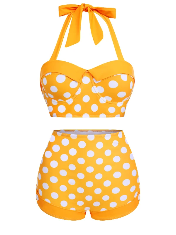 Yellow 1950s Polka Dots Halter Bikini Set Polka dot bikini, Retro style, Fun, Trendy Yellow 1950s Polka Dots Halter Bikini Set Polka dot bikini, Retro style, Fun, Trendy