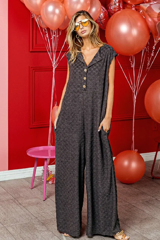 BiBi Checkered Cap Sleeve Wide Leg Jumpsuit with Pockets Belted jumpsuit, Chic, Elegant, Comfortable BiBi Checkered Cap Sleeve Wide Leg Jumpsuit with Pockets Belted jumpsuit, Chic, Elegant, Comfortable