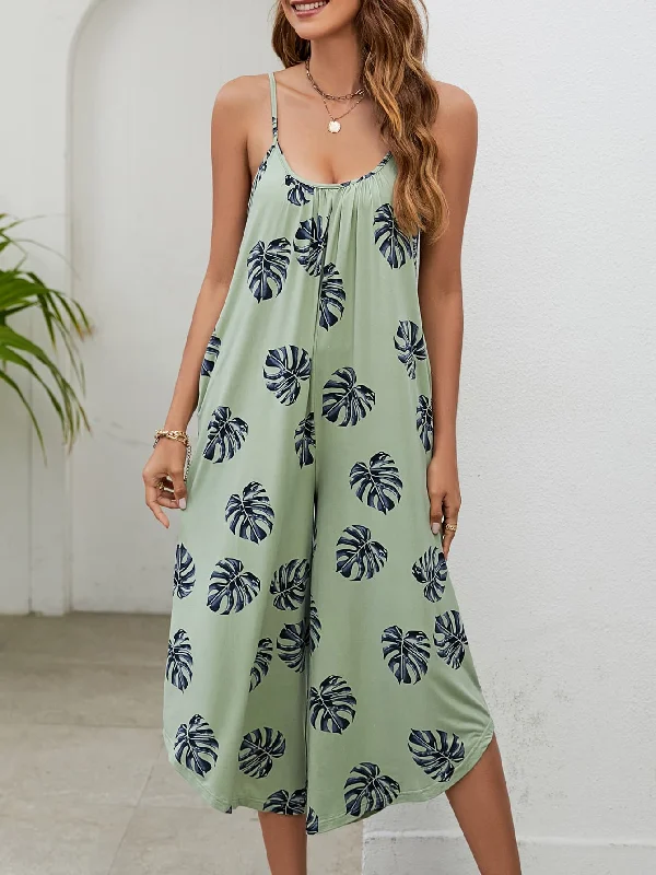 Botanical Print Spaghetti Strap Scoop Neck Jumpsuit Wide leg print jumpsuit, Comfortable, Casual, Fashionable Botanical Print Spaghetti Strap Scoop Neck Jumpsuit Wide leg print jumpsuit, Comfortable, Casual, Fashionable