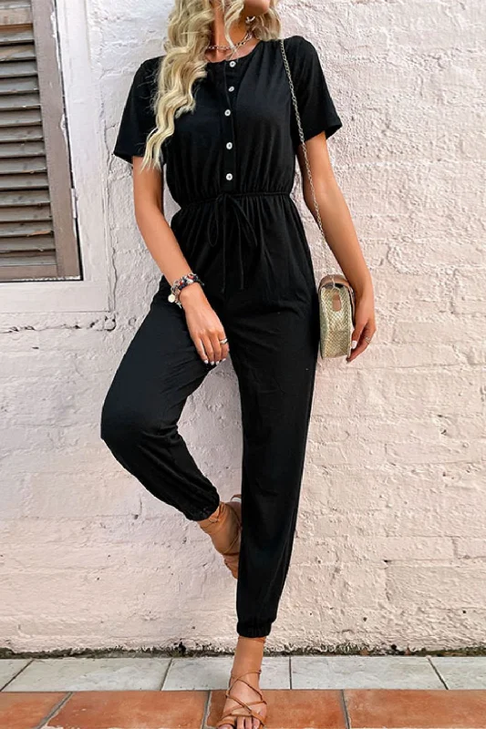 Button Front Short Sleeve Jogger Jumpsuit Jumpsuit romper, Comfortable, Playful, Casual Button Front Short Sleeve Jogger Jumpsuit Jumpsuit romper, Comfortable, Playful, Casual