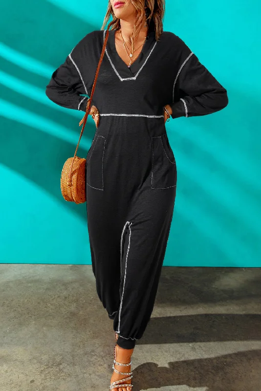 Contrast Stitching Pocketed Dropped Shoulder Jumpsuit Casual chic jumpsuit, Relaxed fit, Fashionable, Comfortable Contrast Stitching Pocketed Dropped Shoulder Jumpsuit Casual chic jumpsuit, Relaxed fit, Fashionable, Comfortable
