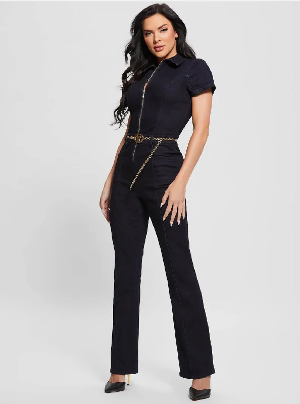 Dark Blue Ember Flare Denim Jumpsuit In Le Clique Wash Relaxed fit jumpsuit, Comfortable, Casual, Feminine Dark Blue Ember Flare Denim Jumpsuit In Le Clique Wash Relaxed fit jumpsuit, Comfortable, Casual, Feminine