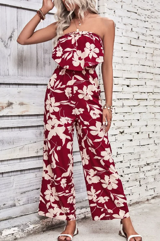 Floral Strapless Wide Leg Jumpsuit Long sleeve wide leg jumpsuit, Cozy, Trendy, Elegant Floral Strapless Wide Leg Jumpsuit Long sleeve wide leg jumpsuit, Cozy, Trendy, Elegant