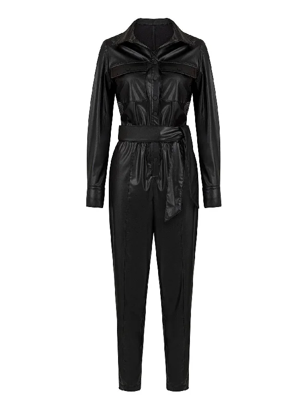 Belted Faux Leather Jumpsuit Wide-leg jumpsuit, Loose fit, Chic, Comfortable