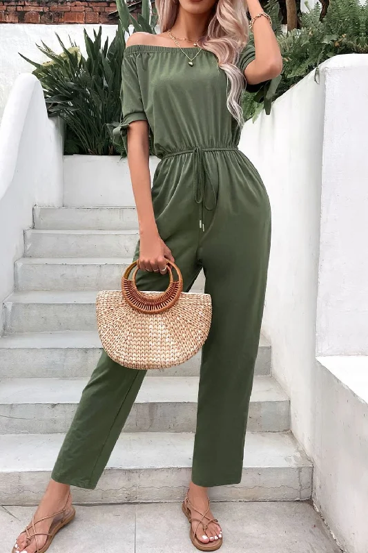 Off-Shoulder Tie Cuff Jumpsuit with Pockets Summer jumpsuit, Light fabric, Comfortable, Fashionable Off-Shoulder Tie Cuff Jumpsuit with Pockets Summer jumpsuit, Light fabric, Comfortable, Fashionable