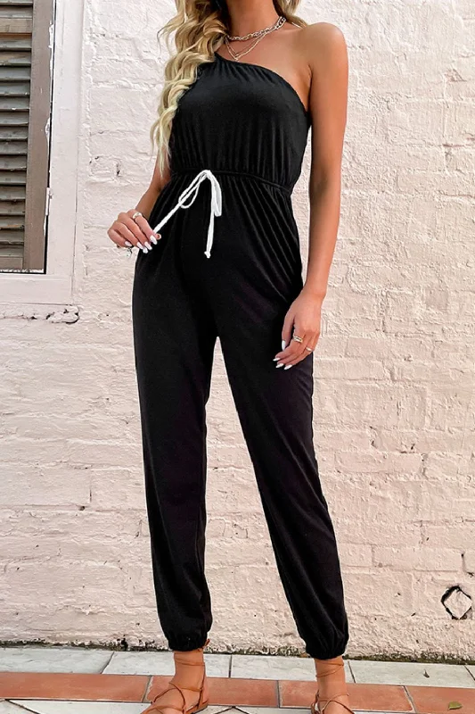 One-Shoulder Drawstring Waist Jogger Jumpsuit 71. Solid jumpsuit, Minimalist style, Sleek, Stylish One-Shoulder Drawstring Waist Jogger Jumpsuit 71. Solid jumpsuit, Minimalist style, Sleek, Stylish