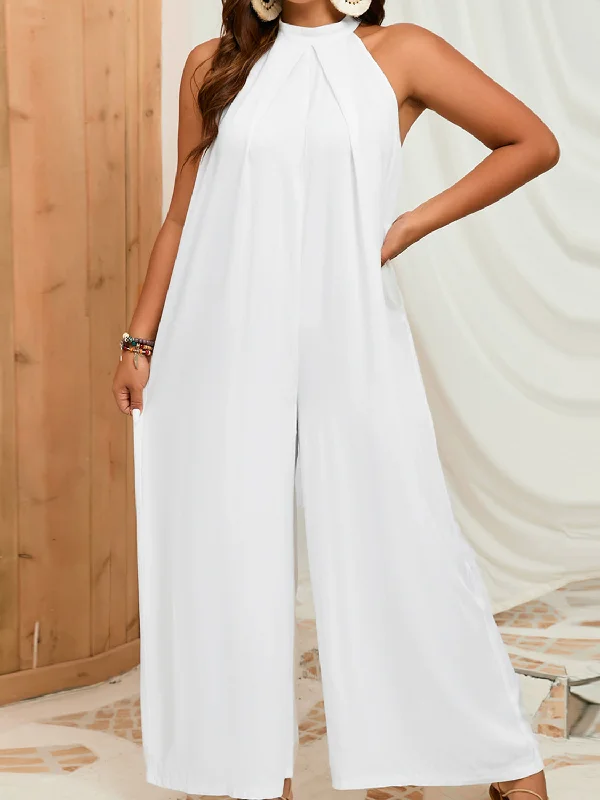 Plus Size Sleeveless Halter Neck Wide Leg Jumpsuit Jumpsuit with bow tie, Feminine, Trendy, Elegant Plus Size Sleeveless Halter Neck Wide Leg Jumpsuit Jumpsuit with bow tie, Feminine, Trendy, Elegant