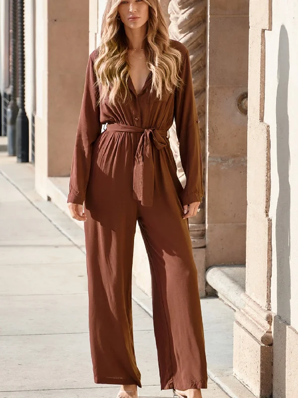 Pocketed Button Up Tie-Waist Jumpsuit Deep V jumpsuit, Sexy, Trendy, Night out