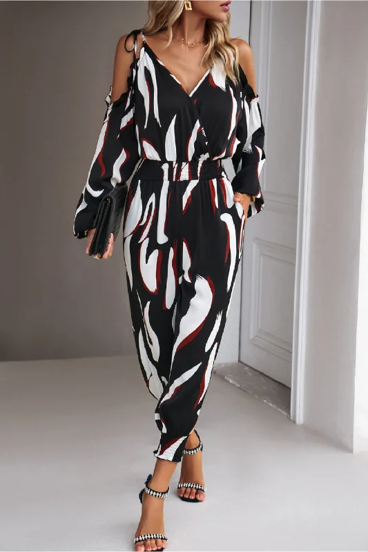 Printed Cold-Shoulder Surplice Neck Jumpsuit Chic jumpsuit, Trendy, Elegant, Sleek