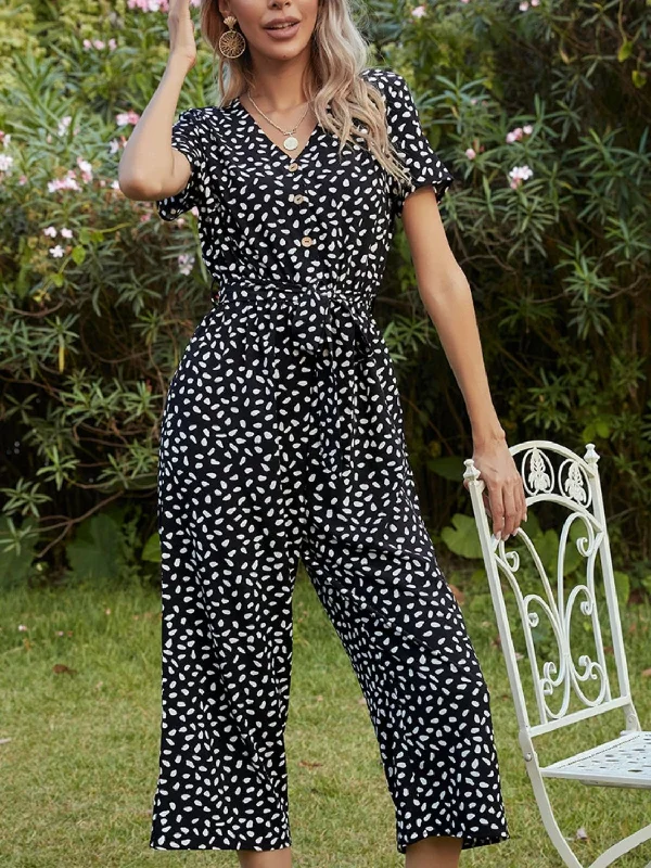 Printed V-Neck Short Sleeve Jumpsuit Elegant black jumpsuit, Formal wear, Stylish, Chic Printed V-Neck Short Sleeve Jumpsuit Elegant black jumpsuit, Formal wear, Stylish, Chic