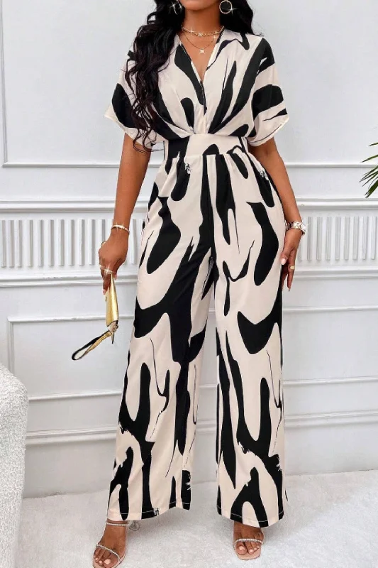 Printed V-Neck Short Sleeve Wide Leg Jumpsuit Cropped jumpsuit, Summer style, Trendy, Comfortable Printed V-Neck Short Sleeve Wide Leg Jumpsuit Cropped jumpsuit, Summer style, Trendy, Comfortable