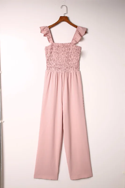 Ruffle Shoulder Smocked Pocket Jumpsuit Structured jumpsuit, Tailored fit, Sleek, Professional Ruffle Shoulder Smocked Pocket Jumpsuit Structured jumpsuit, Tailored fit, Sleek, Professional
