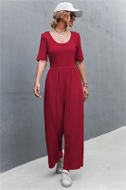 Scoop Neck Half Sleeve Wide Leg Jumpsuit Skirted jumpsuit, Elegant, Feminine, Chic