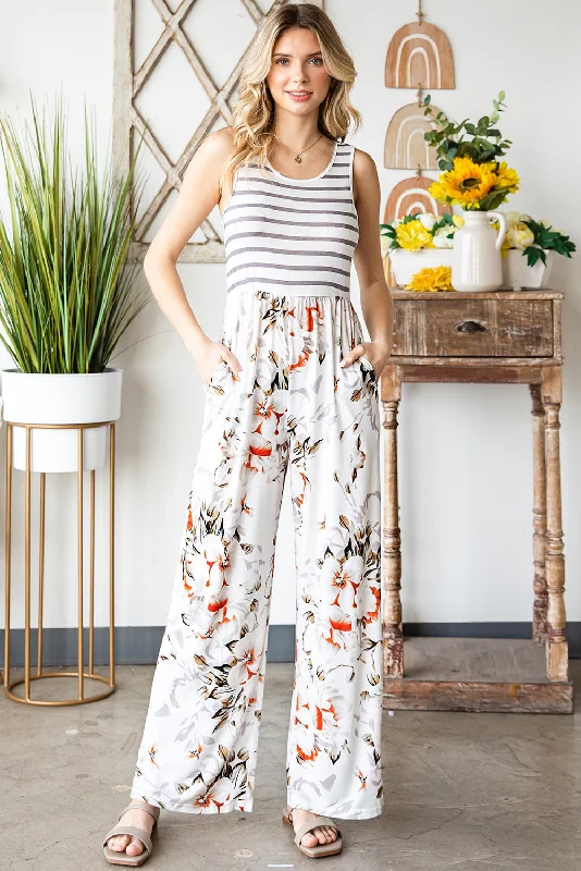 Striped Floral Sleeveless Wide Leg Jumpsuit with Pockets Romper jumpsuit, Playful, Casual, Comfortable Striped Floral Sleeveless Wide Leg Jumpsuit with Pockets Romper jumpsuit, Playful, Casual, Comfortable
