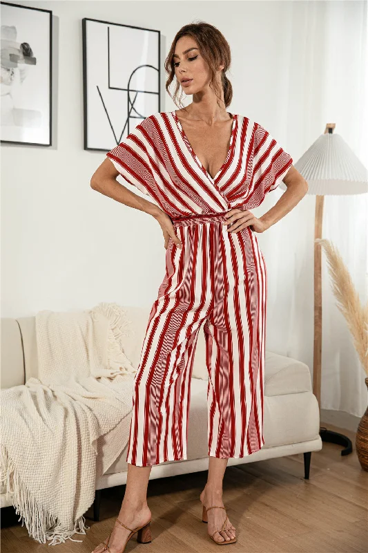 Striped V Neck Wide Leg Jumpsuit Denim romper jumpsuit, Comfortable, Street style, Trendy Striped V Neck Wide Leg Jumpsuit Denim romper jumpsuit, Comfortable, Street style, Trendy