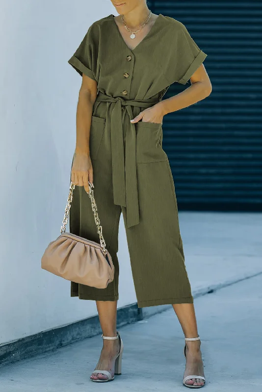 Tie-Waist Buttoned Cropped Jumpsuit Flared jumpsuit, Retro style, Trendy, Comfortable Tie-Waist Buttoned Cropped Jumpsuit Flared jumpsuit, Retro style, Trendy, Comfortable