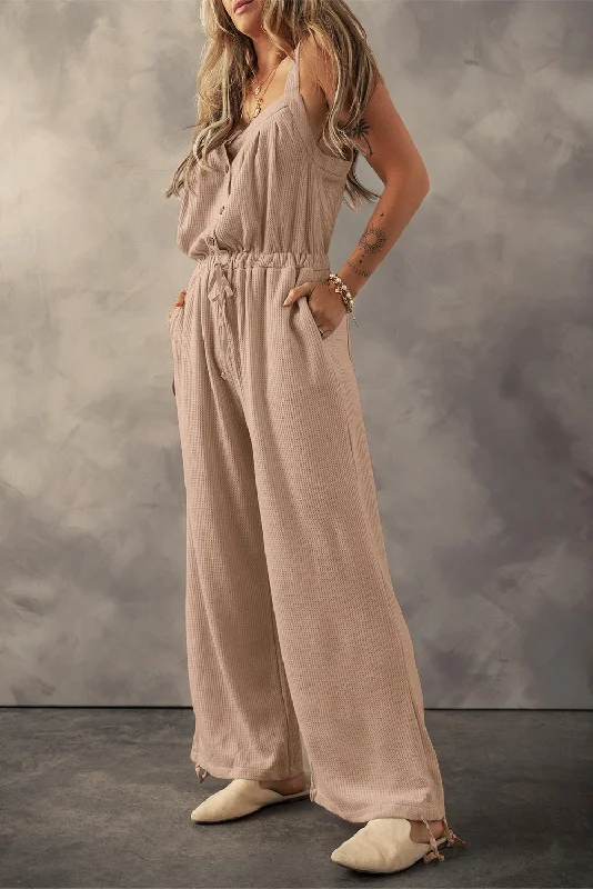Waffle-Knit Drawstring Wide Strap Jumpsuit Jumpsuit with pockets, Relaxed fit, Casual wear, Stylish Waffle-Knit Drawstring Wide Strap Jumpsuit Jumpsuit with pockets, Relaxed fit, Casual wear, Stylish