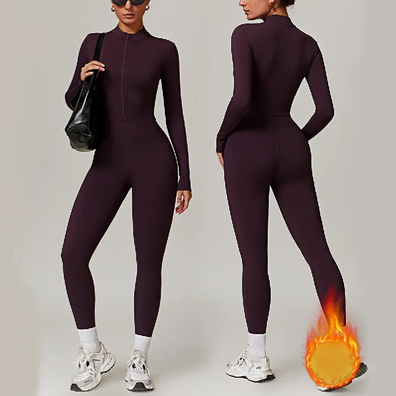 Warm Zipper Long-sleeved Jumpsuit Yoga Fitness Sports Pants Breathable Bodysuit Women's Clothing + Ruffle hem jumpsuit, Feminine, Trendy, Casual Warm Zipper Long-sleeved Jumpsuit Yoga Fitness Sports Pants Breathable Bodysuit Women's Clothing + Ruffle hem jumpsuit, Feminine, Trendy, Casual