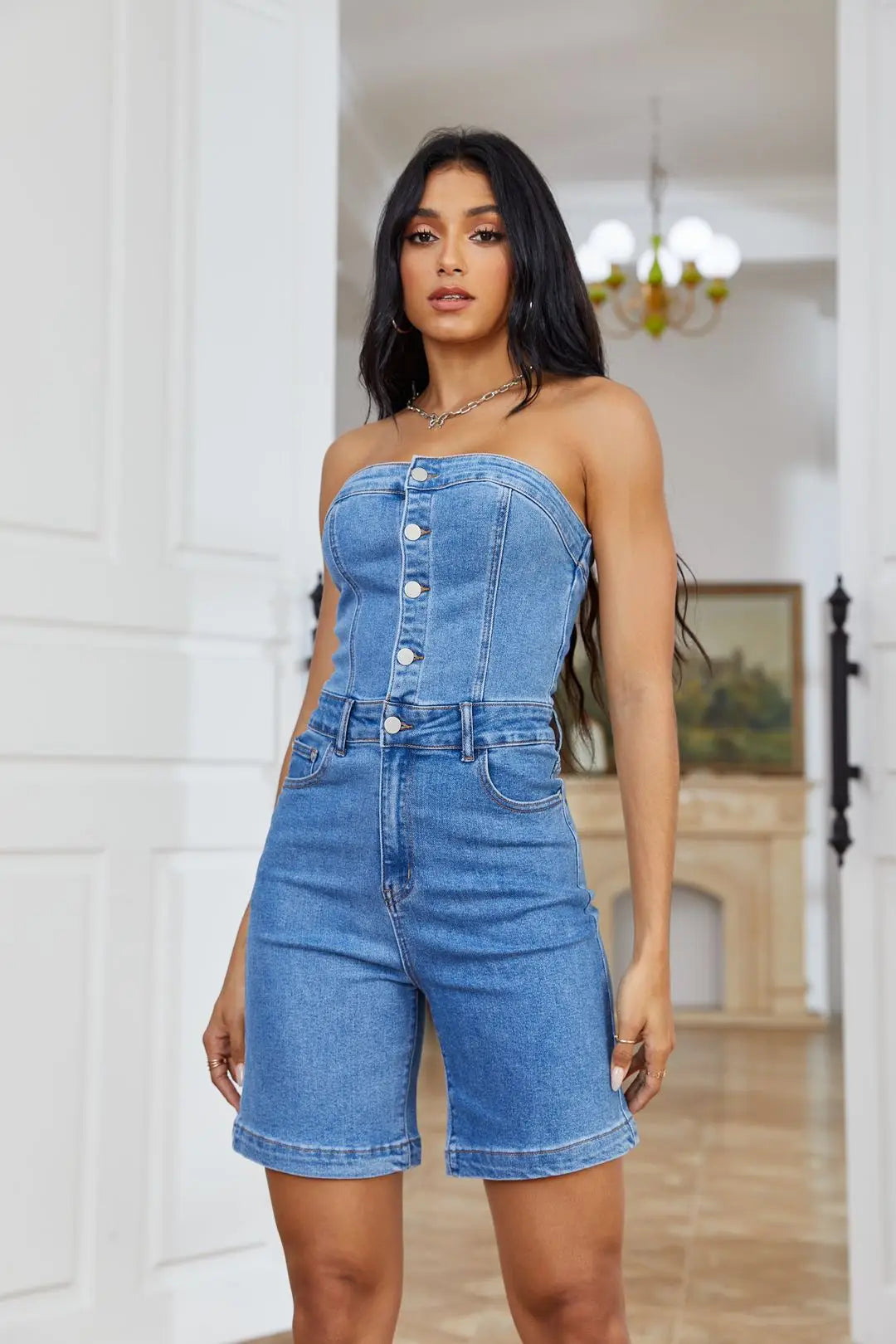 Bandeau Short Jumpsuit Denim One-piece jumpsuit, Simple design, Comfortable, Fashionable Bandeau Short Jumpsuit Denim One-piece jumpsuit, Simple design, Comfortable, Fashionable