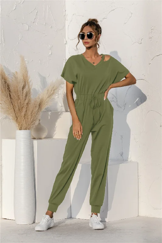 Cut Out V-neck Drawstring Jumpsuit Wrap-around jumpsuit, Elegant, Feminine, Comfortable Cut Out V-neck Drawstring Jumpsuit Wrap-around jumpsuit, Elegant, Feminine, Comfortable