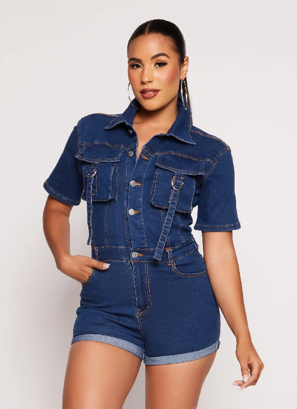 Daisy Denim Utility Romper Button-front jumpsuit, Classic, Casual, Comfortable
