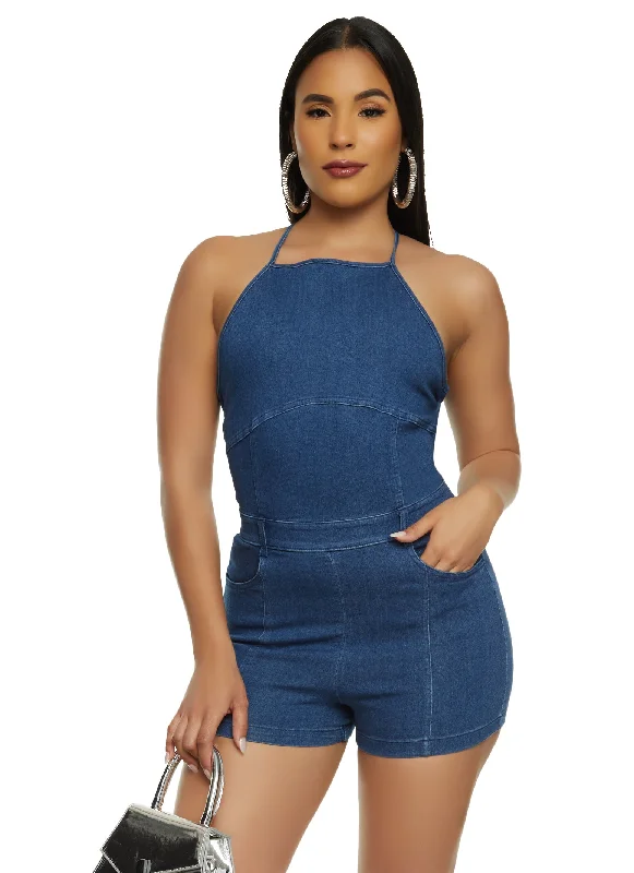 Sleeveless Halter Denim Romper Vintage style jumpsuit, Retro chic, Casual, Comfortable Sleeveless Halter Denim Romper Vintage style jumpsuit, Retro chic, Casual, Comfortable