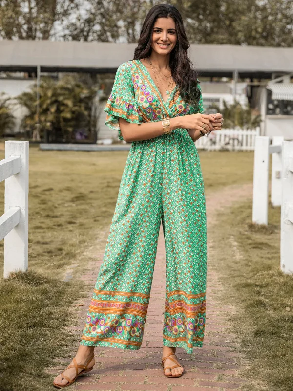 Floral Surplice Flutter Sleeve Jumpsuit Back zipper jumpsuit, Sleek, Chic, Comfortable Floral Surplice Flutter Sleeve Jumpsuit Back zipper jumpsuit, Sleek, Chic, Comfortable