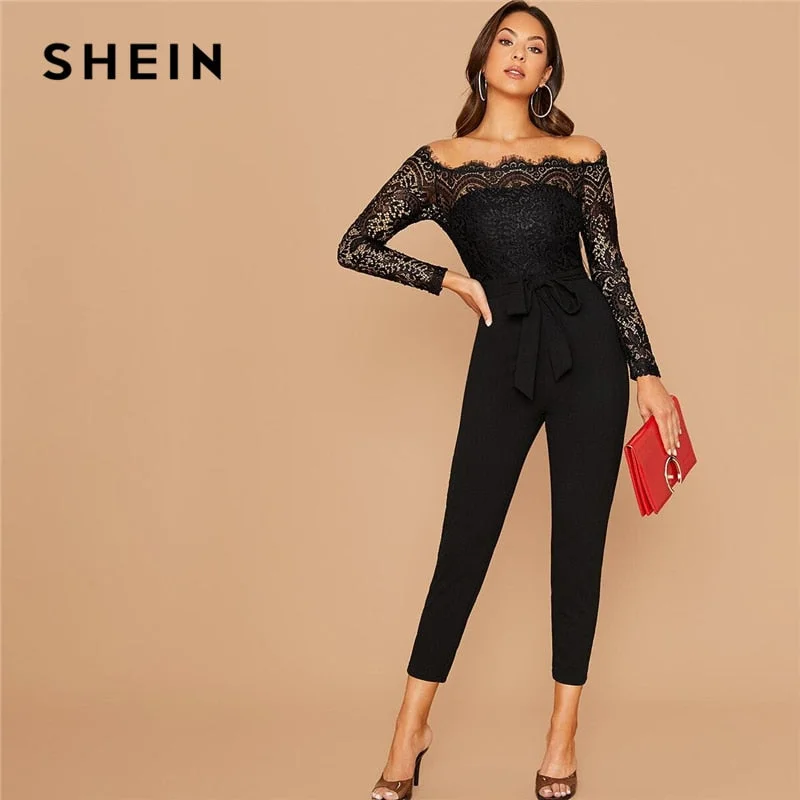 SHEIN Black Off Shoulder Lace Bodice Self Belted Jumpsuit Women Autumn Solid High Waist Skinny Party Glamorous Jumpsuits Utility style jumpsuit, Pockets, Casual, Trendy SHEIN Black Off Shoulder Lace Bodice Self Belted Jumpsuit Women Autumn Solid High Waist Skinny Party Glamorous Jumpsuits Utility style jumpsuit, Pockets, Casual, Trendy