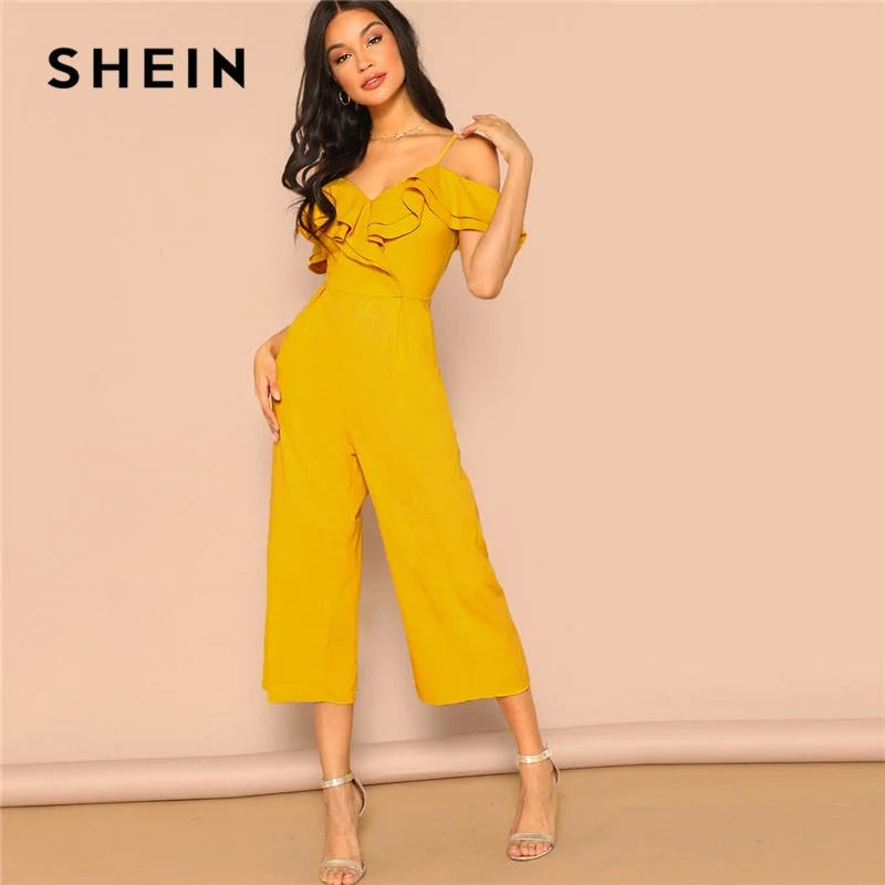 SHEIN Cold Shoulder Layered Flounce Foldover Palazzo Jumpsuit Party Ruffle Spaghetti Strap Sleeveless Women Summer Jumpsuits Wide leg black jumpsuit, Elegant, Formal wear, Chic SHEIN Cold Shoulder Layered Flounce Foldover Palazzo Jumpsuit Party Ruffle Spaghetti Strap Sleeveless Women Summer Jumpsuits Wide leg black jumpsuit, Elegant, Formal wear, Chic