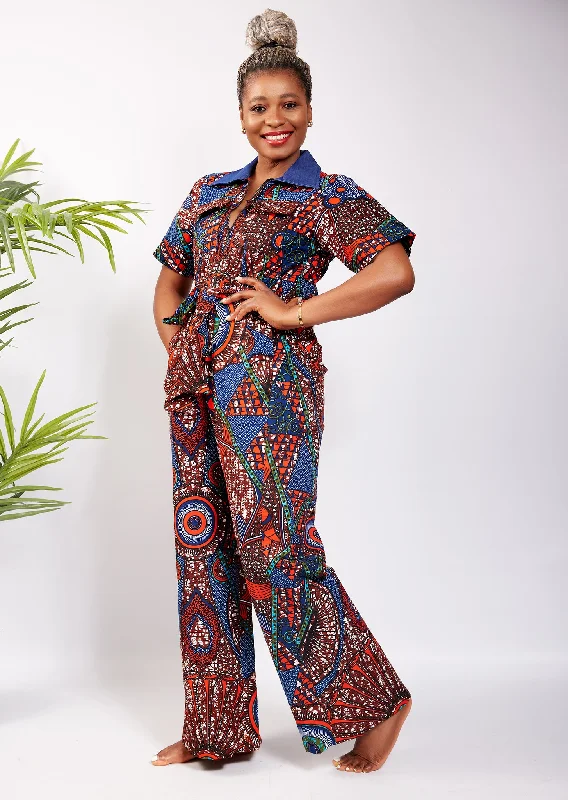 Short Sleeve African Print Cargo Pant Suit/Jumpsuit with Denim Collar - Otii Minimalist jumpsuit, Sleek, Fashionable, Comfortable Short Sleeve African Print Cargo Pant Suit/Jumpsuit with Denim Collar - Otii Minimalist jumpsuit, Sleek, Fashionable, Comfortable