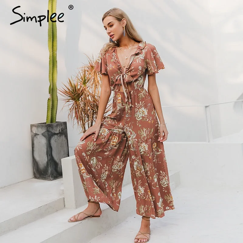 Simplee Deep v neck floral print women jumpsuits Ruffle bow tie high waist female jumpsuit romper Holiday summer ladies overalls Double-breasted jumpsuit, Vintage, Elegant, Chic Simplee Deep v neck floral print women jumpsuits Ruffle bow tie high waist female jumpsuit romper Holiday summer ladies overalls Double-breasted jumpsuit, Vintage, Elegant, Chic