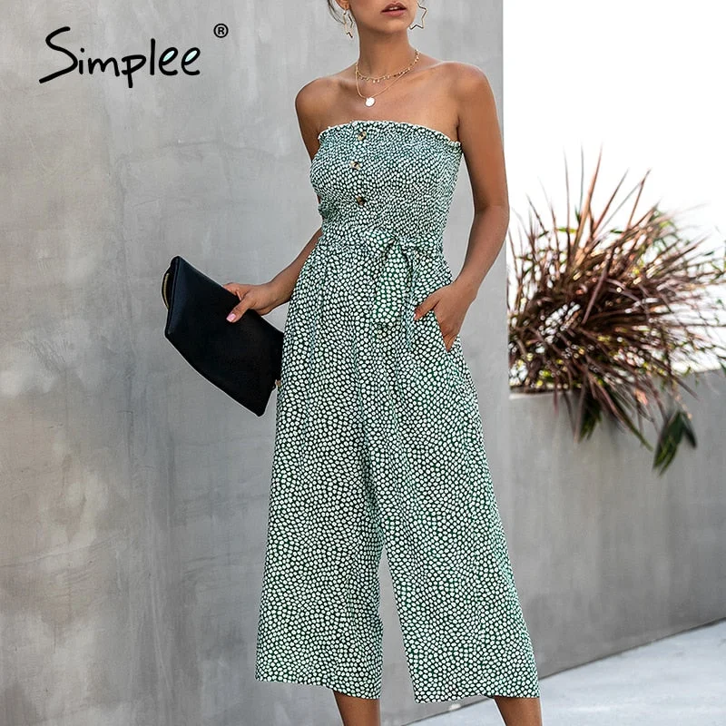 Simplee Strapless floral print women jumpsuit High waist bow tie cotton jumpsuit romper Casual buttons wide leg ladies overalls Backless jumpsuit, Sexy, Nightwear, Trendy Simplee Strapless floral print women jumpsuit High waist bow tie cotton jumpsuit romper Casual buttons wide leg ladies overalls Backless jumpsuit, Sexy, Nightwear, Trendy