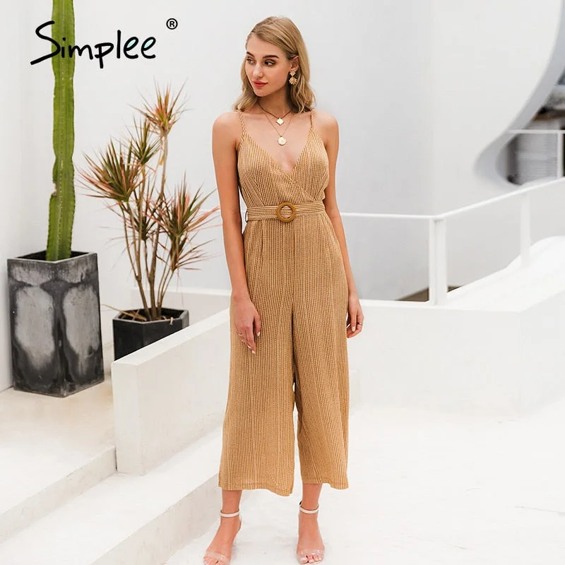 Simplee Vintage sash belt striped women jumpsuit V neck spaghetti straps female jumpsuit romper Spring summer wide leg overalls Silk wide leg jumpsuit, Elegant, Chic, Comfortable Simplee Vintage sash belt striped women jumpsuit V neck spaghetti straps female jumpsuit romper Spring summer wide leg overalls Silk wide leg jumpsuit, Elegant, Chic, Comfortable