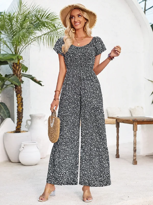 Smocked Printed Short Sleeve Jumpsuit One-piece jumpsuit, Casual, Comfortable, Stylish Smocked Printed Short Sleeve Jumpsuit One-piece jumpsuit, Casual, Comfortable, Stylish